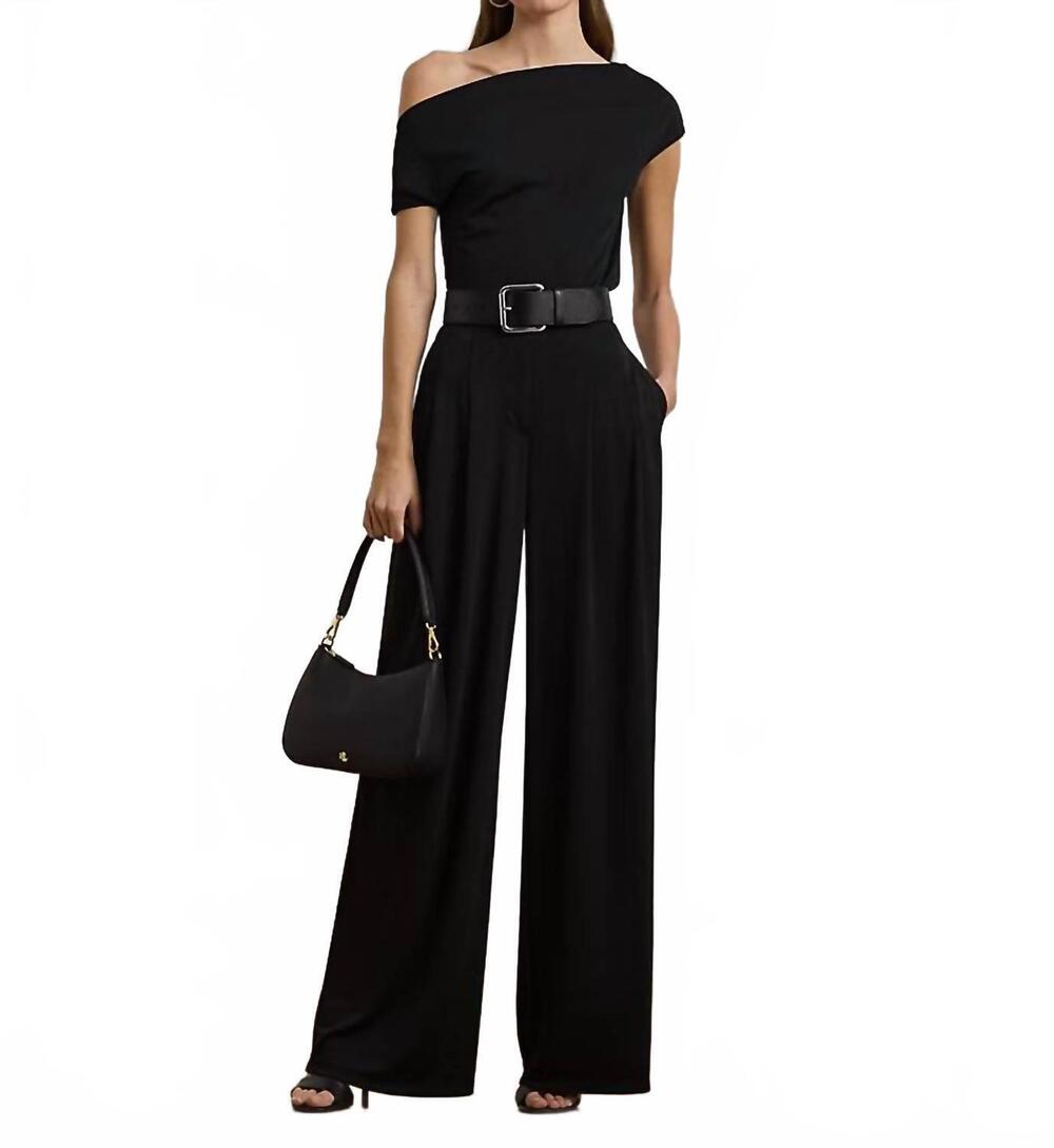 NEW RALPH LAUREN pleated stretch jersey wide-leg pant in black